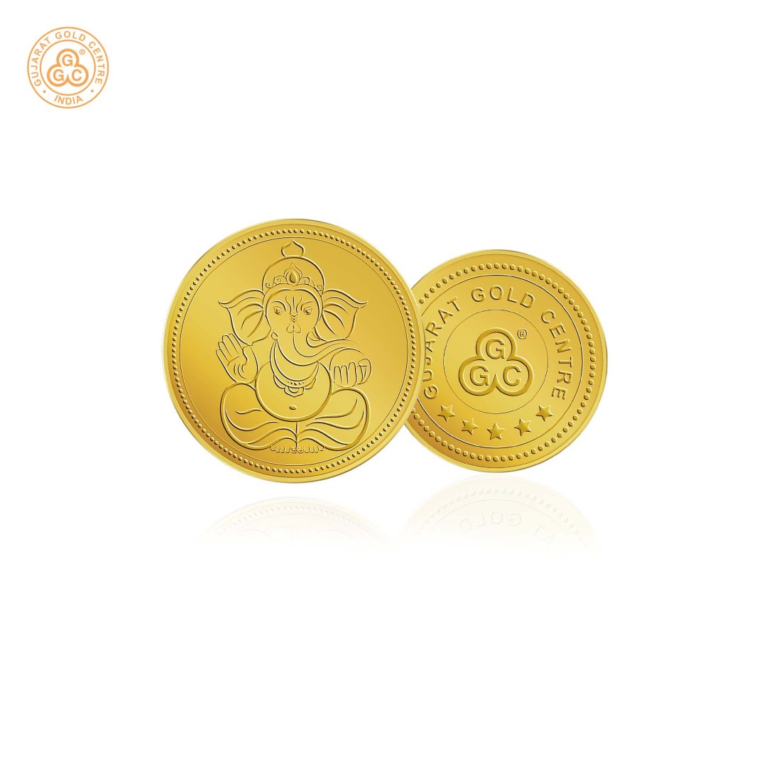 5gm 24K gold coin with embossed Lord Ganesha seated design  on front, polished finish, GGC logo and hallmark engraved on back.