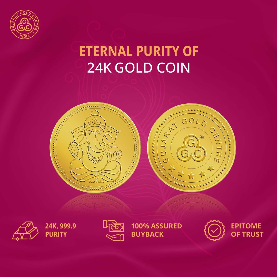 5gm 24K gold coin with embossed Lord Ganesha seated design  on front, polished finish, GGC logo and hallmark engraved on back.