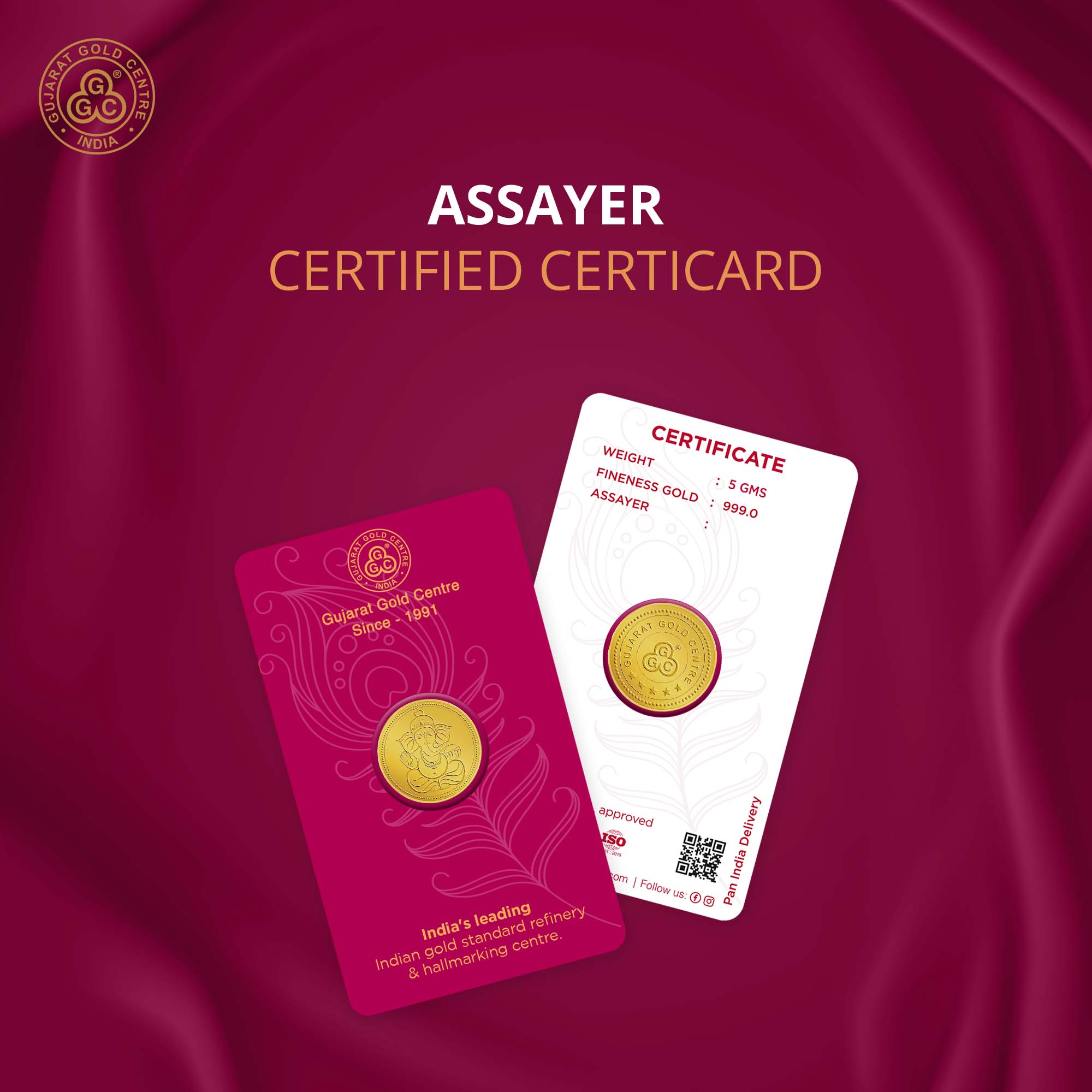 5gm 24K gold coin with embossed Lord Ganesha seated design  on front, polished finish, GGC logo and hallmark engraved on back.