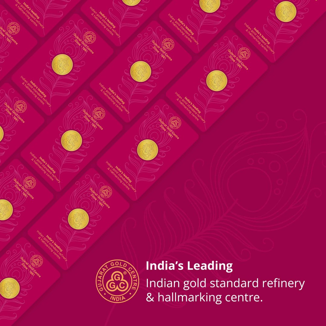 5gm 24K gold coin with embossed Lord Ganesha seated design  on front, polished finish, GGC logo and hallmark engraved on back.