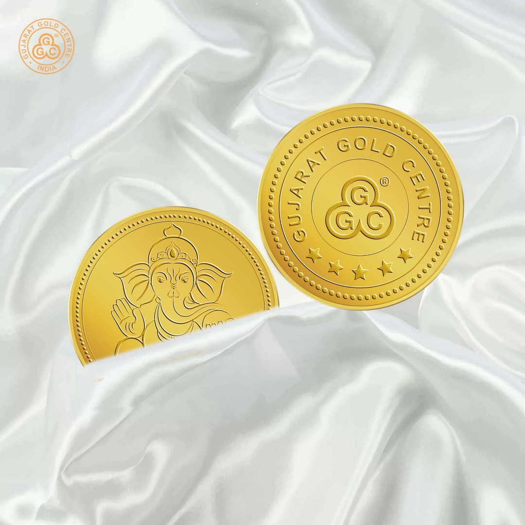 5gm 24K gold coin with embossed Lord Ganesha seated design  on front, polished finish, GGC logo and hallmark engraved on back.